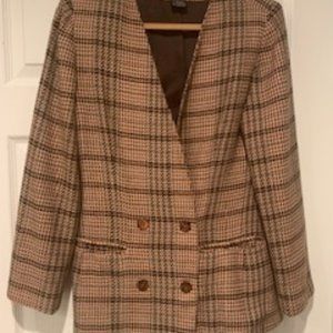 Neutral Peach & Brown Double-Breasted Tweed Blazer